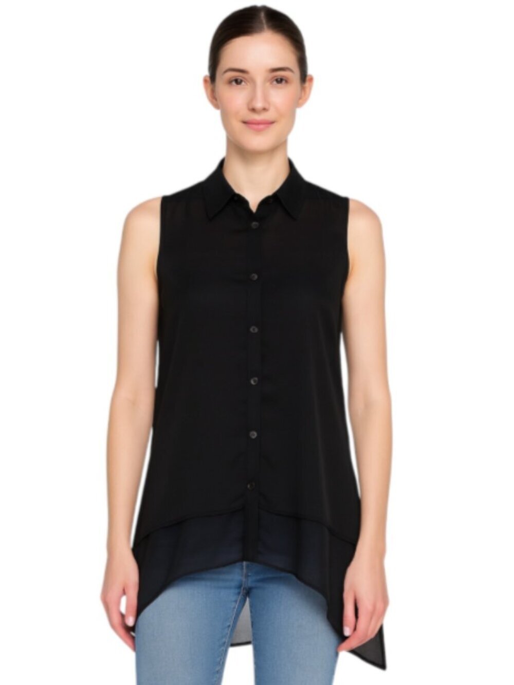 Joan Vass Small Black Sheer Long Tunic Blouse Sleeveless Handkerchief Skirt